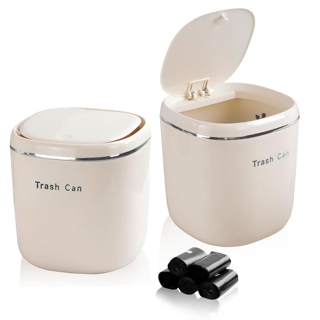 2 Pcs Mini Desktop Trash Can with Press Type Lid, Tiny Waste Can with 5 Rolls of Trash Bags, Countertop Garbage Bin for Kitchen Bedroom Bathroom Desk Office Home Vanity Tabletop(White)