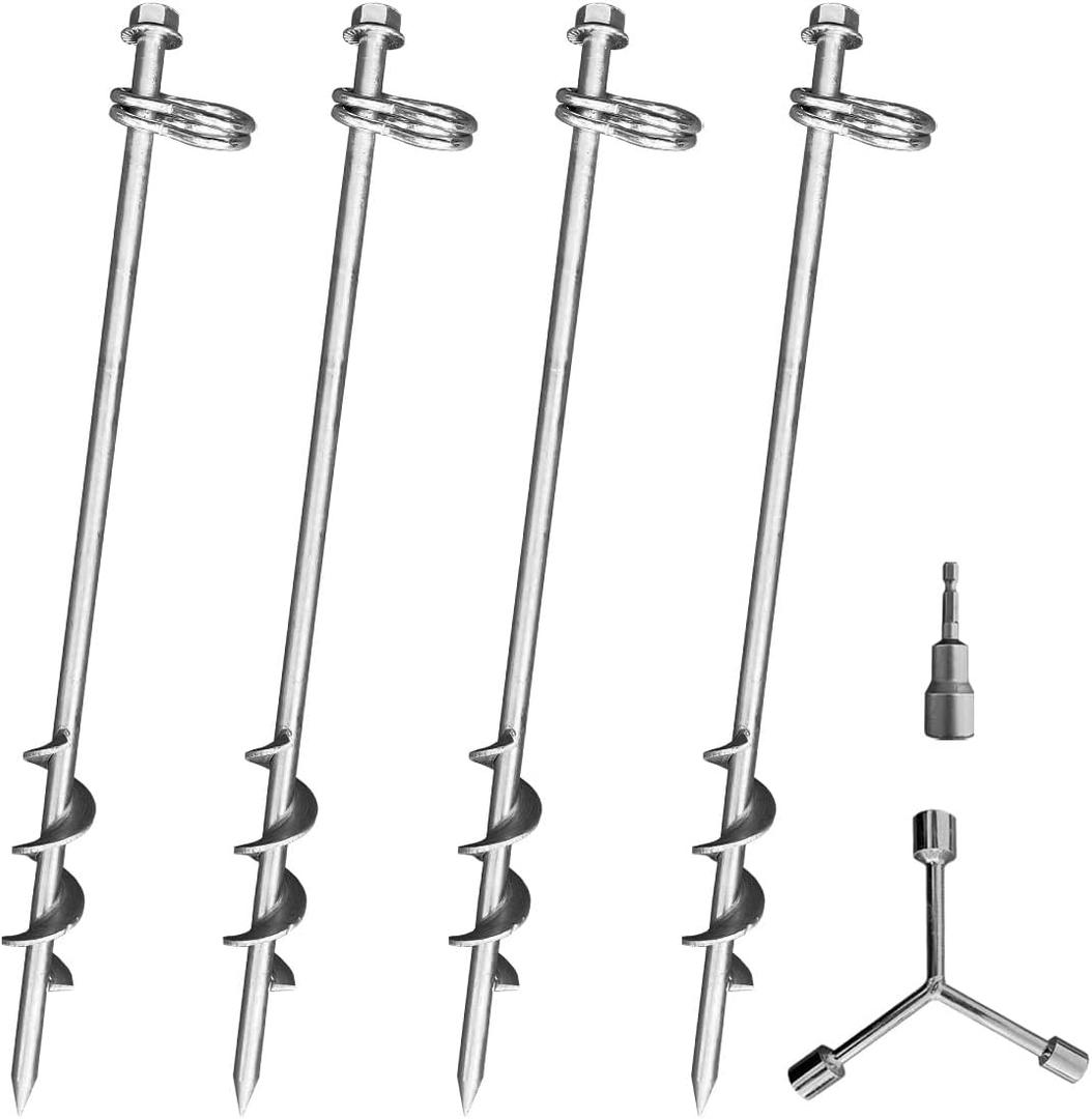 Ground Anchors Screw in - 16 Inch Set of 6 - Tent Stakes Heavy Duty Double Arbitrary Direction Galvanized Kits for Swing and Trampoline Set High Wind Solid Metal Hex Head Dog Tie Out Stake (6)