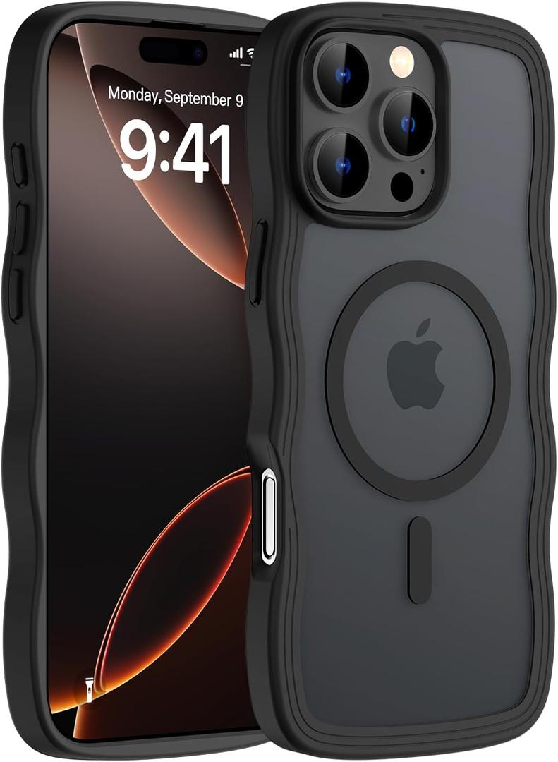 Hualele Magnetic for iPhone 16 Pro Case, Compatible with MagSafe, Military Grade Dropproof Translucent Matte Back Cute Curly Wave Edge Slim Phone Case 16 Pro, Black