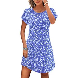 PLOKNRD Women's Casual Dress Summer Short Sleeve T-Shirt Dress Crew Neck Basic Dresses 2025 (Blue White Flower, XL)