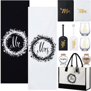 Silkfly 11 Pcs Wedding Gifts for Couples 2026, Mr and Mrs Gifts Include Honeymoon Beach Towel Luggage Tag Passport Holder Wine Glass Keepsake Jar Tote Bag for Newlyweds Engagemen