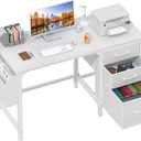 Lufeiya White Desk with Fabric File Drawers Cabinet, 47 Inch Reversible Computer Desk with Filing Cabinet for Bedroom Small Space Home Office, Modern Writing Table PC Desks, White (46.6")