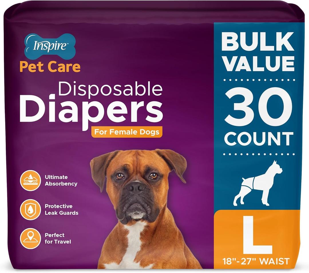Inspire Pet Care Dog Diapers Female Dogs | Bulk Value Doggie Incontinence, Accidents, for Heat, Pee or Period and Housebreaking (Large (30 Count))