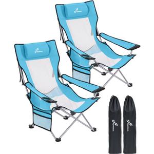 Sportneer Beach Chair: Adjustable Folding Chair with Cup Holder & Side Pocket - Portable & Compact Beach Chairs for Adults with Reclining Positions for Camping Picnic and Outdoor, Blue 2 Pack