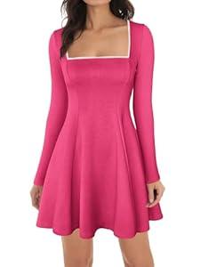 Lrady Womens Square Neck Bodice Dress Long Sleeve Flare A Line Club Party Mini Ruffle Swing Short Dresses, Hot Pink, Medium