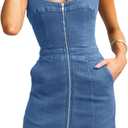 Womens Summer Casual Tank Denim Dress Sleeveless Zipper Front Mini Sexy Jean Dresses with Pockets,Small