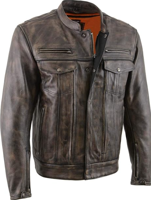 Milwaukee Leather MLM1506 Men's Black Premium Leather Motorcycle Jacket w/Utility Pockets Cool-Tec Leather Treatment, Size L, Distressed brown