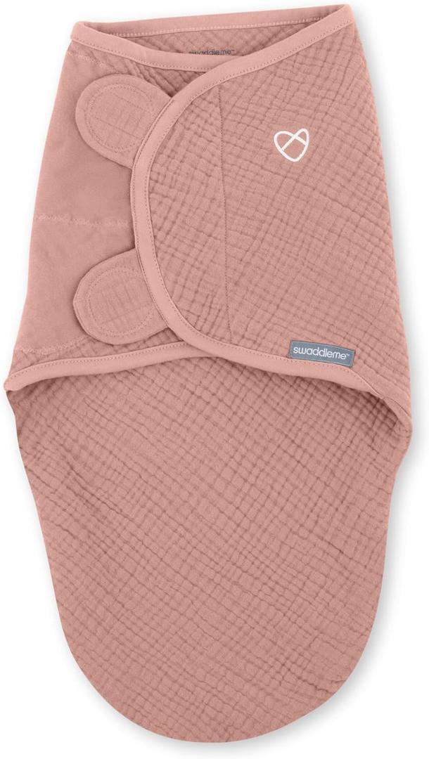 SwaddleMe by Ingenuity Muslin Original Swaddle, 100% Cotton, Size Small/Medium, for Ages 0-3 Months, 7-14 Pounds, Up to 26 Inches Long, 1.5 TOG - Blush