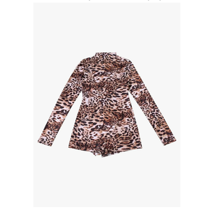 Leopard Print Romper Women Autumn Trend Long Sleeve O-Neck Skinny Stretch Streetwear Sexy Playsuits, Size XL