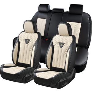 Leather Seat Covers, Seat Covers Full Set, Car Seat Protectors 5 Seats, Automotive Seat Covers Fit for Most Cars Trucks SUV- Black&Beige