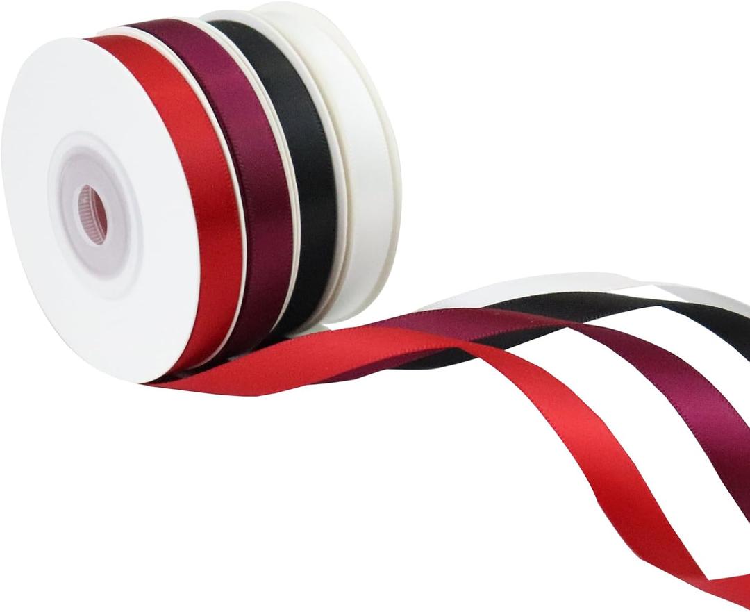 SoriDR 4 Rolls White&Black&Red&Wine Solid Satin Ribbon for Gift Wrapping Christmas Crafts,3/8" X 10 Yard Each Total 40 Yds Per Package