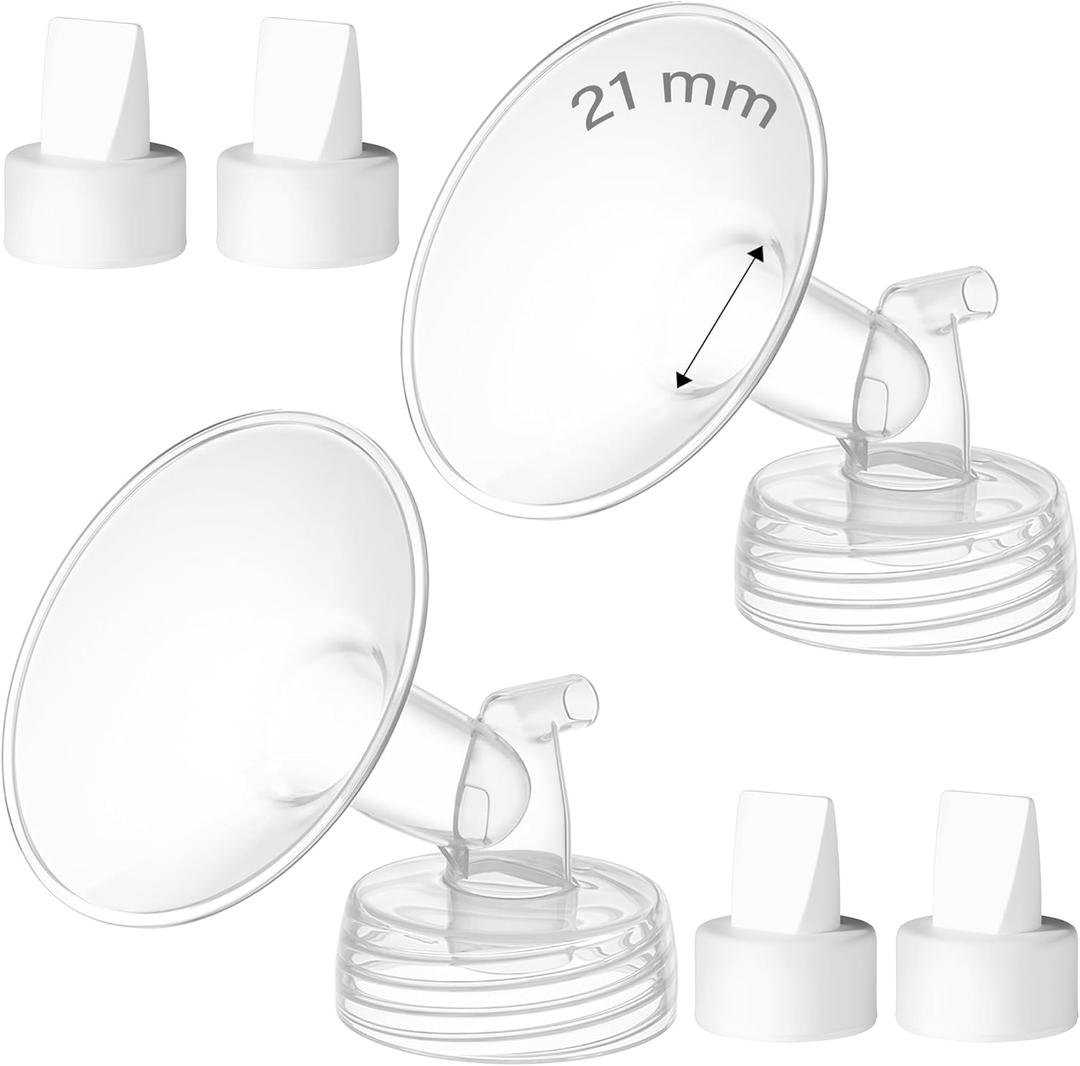 4PCS 21mm Breast Pump Flanges, Duckbill Valves Compatible with Spectra S1/S2/9Plus/Synergy Gold, Motif Luna, Wide-Mouth Bottle Fit, Breast Pump Accessories