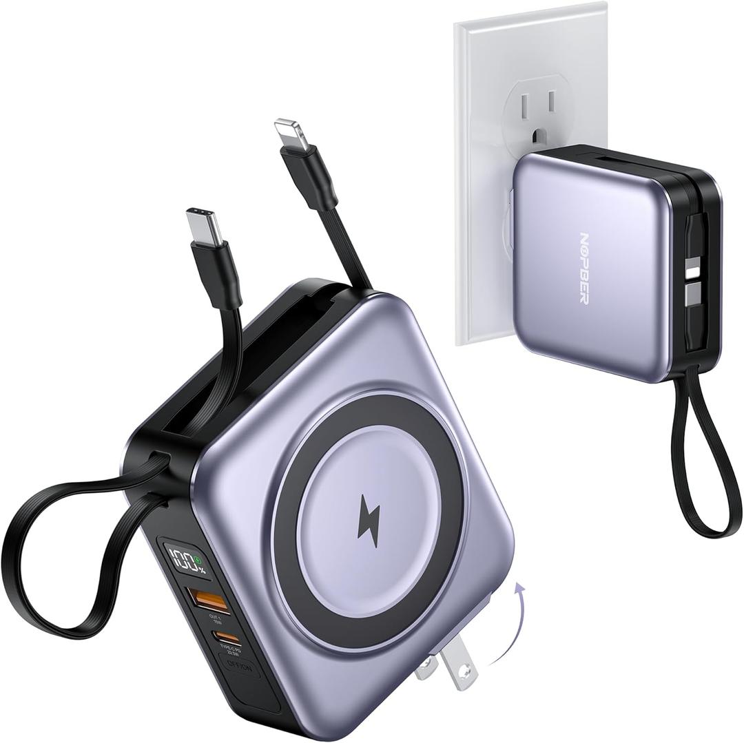 NOPBER 6-in-1 Magnetic Portable Charger 10000mAh  22.5W Fast Charging with AC Wall Plug Built-in USB-C & Lightning Cables for iPhone 17/16/15/14/13/12, Android & Samsung (Silver Gray)