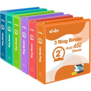ViVin 2 Inch Round Ring View Binder for Durability, Standard 3 Ring Binder for 450 Sheets of US Letter Size Paper, PVC-Free, 6-Pack (Assorted)