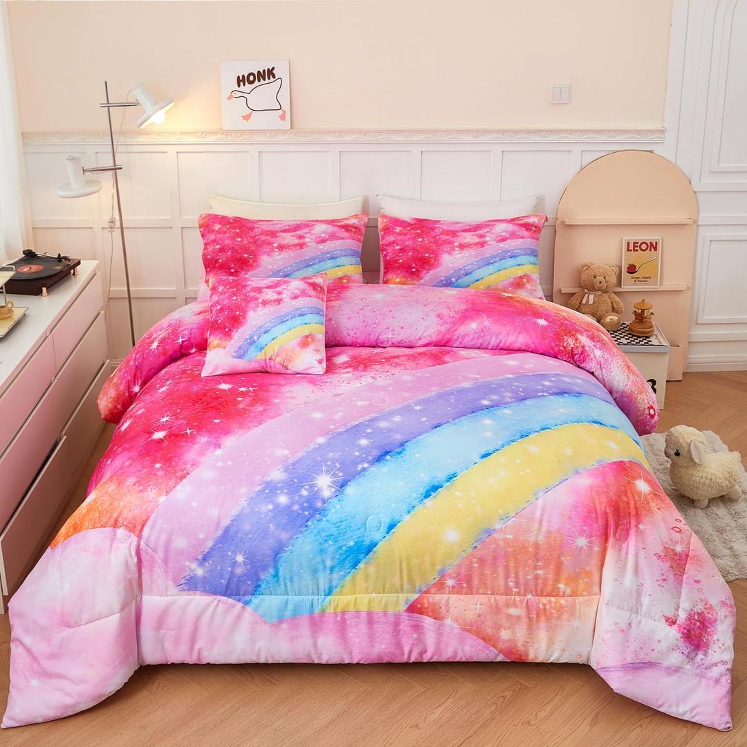 ANGIYUIN Rainbow Twin Size Comforter Set for Girls, 6 Pieces Sparkle Tie Dye Pink Girls Bedding Comforter Sets, Galaxy Kids Bed Sets, Gradient Glitter Soft Bed in A Bag wit Sheets