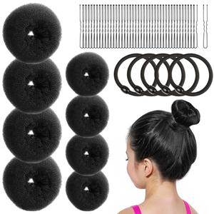 FANDAMEI Hair Bun Makers: Small & Extra Small Donut & Ballet Buns for Kids with Elastic Ties & Pins (Black)