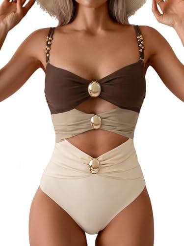 B2prity One Piece Swimsuit for Women Cutout Monokini Color Block Bathing Suit Ruched Sexy Swimwear M