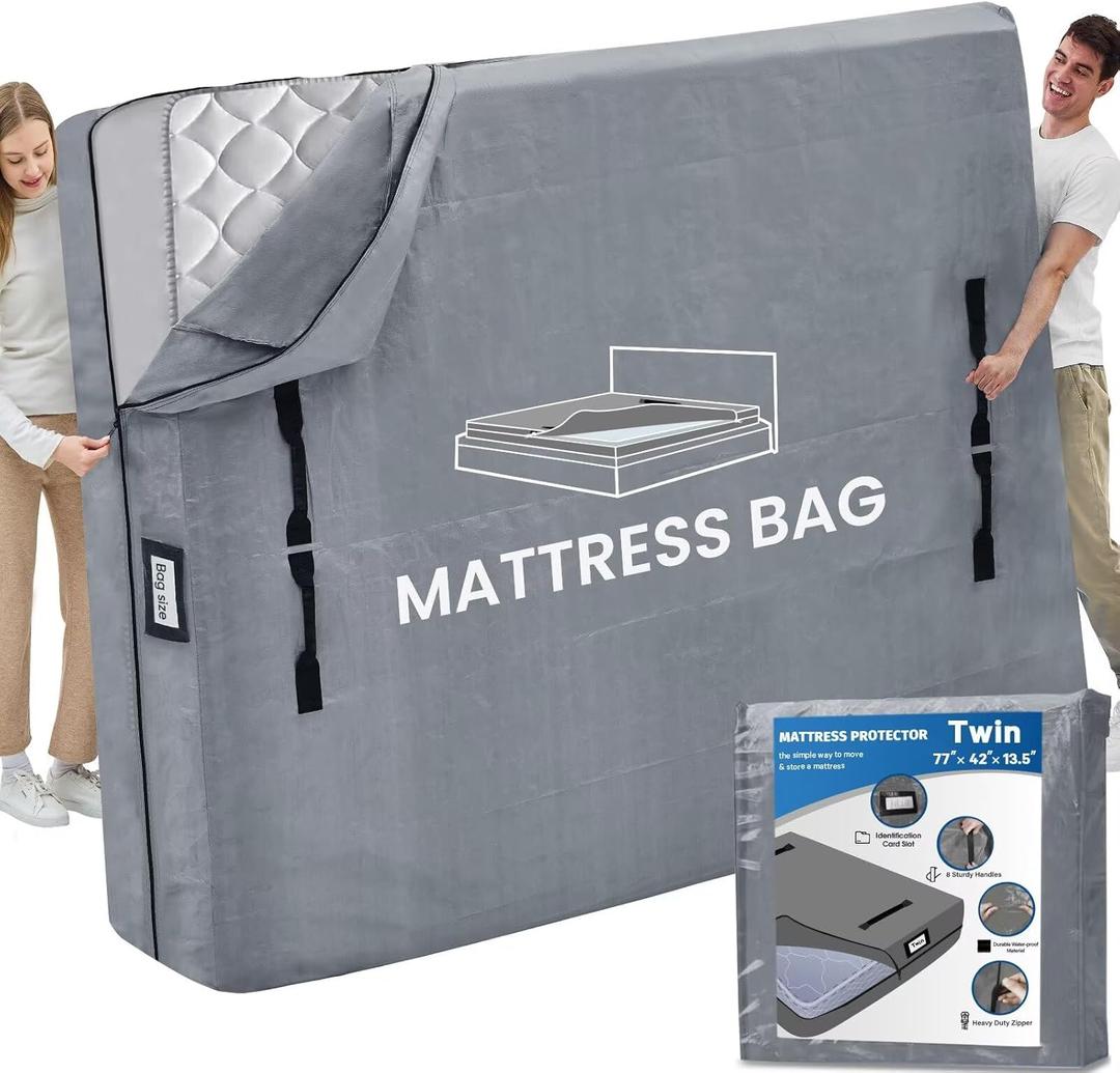 Mattress Bags for Moving and Storage, BETU Twin Mattress Protector Waterproof Mattress Cover with 8 Heavy Duty Handles and Zipper Extra Thick Moving Supplies for Dorm Bed Reusable (77x42x13.5 Grey) (Gray)