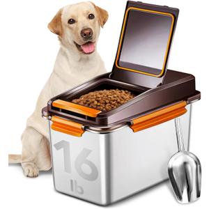 Newget Dog Food Storage Container Stainless Steel with Scoop, 16-lb/11-lb Airtight Metal Pet Food Storage Bin, Cat Food Container for Dry Dog, Cat Food, Bird Seed, Keep Food Fresh, Brown