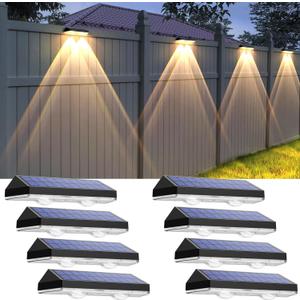 Solar Fence Lights Outdoor - 2700/4000/6000K 3 Mode, IP65 Waterproof Fence Solar Lights Outdoor, Fence Light Solar Powered for Outside, Backyard/Railing/Step/Patio/Stair Railings and Wall (8 pack) (8PK, 3000/4000/6000K)