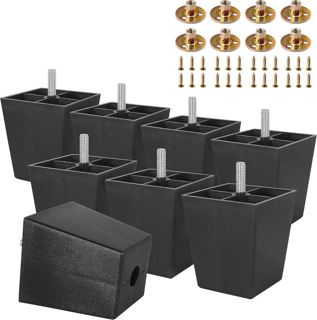 M8-1.25 Metric Thread Bolts Plastic Furniture Legs 3 Inch Black Square Sofa Feet with Plate Nuts - Couch Feet Replacement - Couch Legs Set of 8