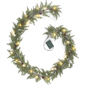 Pine Garland-6FT Christmas Garland, Artificial Evergreen Battery Operated Garland with Lights, Prelit Garland Timer for Mantle Holiday Outdoor Indoor Fireplace Decor