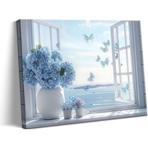 Coastal Flower Bathroom Canvas Wall Art Blue Hydrangea Floral Vase Butterfly Window Wall Decor Picture Seascape Beach Aesthetic Poster Print for Living Room Bedroom Bathroom Home Decoration 12x16in