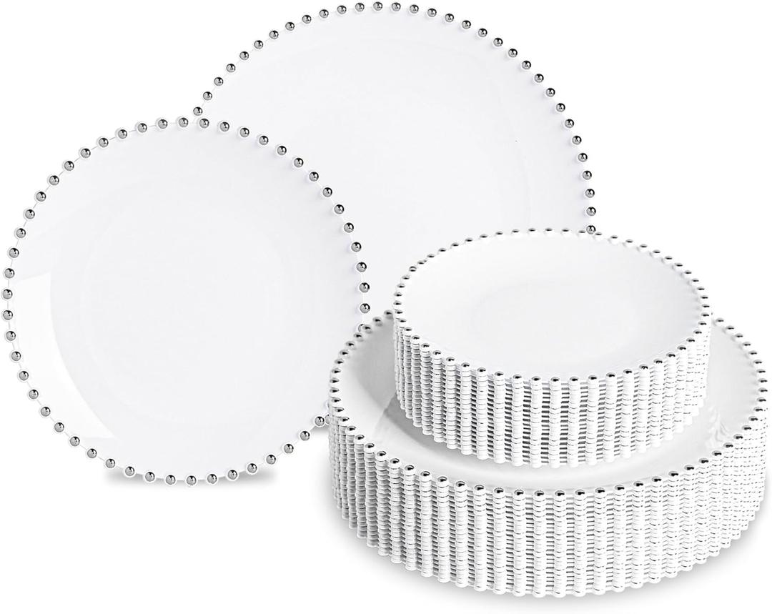 HOMIP 50PCS Fancy Disposable Dinnerware Party Set, Elegant Plates Include 25Pcs Dinner Plate 10", 25Pcs Dessert Plate 7" with Silver Bead Rimmed, Plastic Silverware for Wedding Birthday Party (White with Silver)