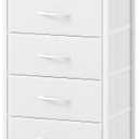 Somdot White Nightstand with Charging Station and LED Light for Bedroom, Tall 5 Drawers Dresser with Fabric Bins for Bedside Kids Dorm Room Closet Laundry Entryway, White Leather, 11.8"D x 15.7"W x 39.8"H