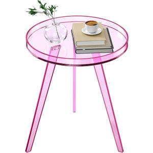 Clear Acrylic Side Table, Round End Table Nightstand Bedside Table Small Circle with Tray for Living Room Bedroom Office Small Space (Pink), 15.7 inches x 15.7 inches x 18.1 inches