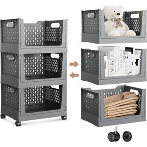 Stackable Storage Bins, Foldable Closet Organizers and Storage Bins Box, Plastic Shelves Drawer Organizer Container for Closet Office Bedroom Kitchen Bathroom with Wheels, Grey, 3 Pack