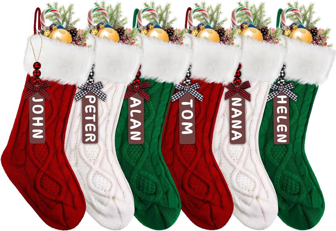 XIMISHOP 6PACK Christmas Stockings,18Inches Large Cable Knitted Stocking Personalized Xmas Hanging Stocking Decorations with Name Tags for Holiday Christmas Party Family Decor Green Red White