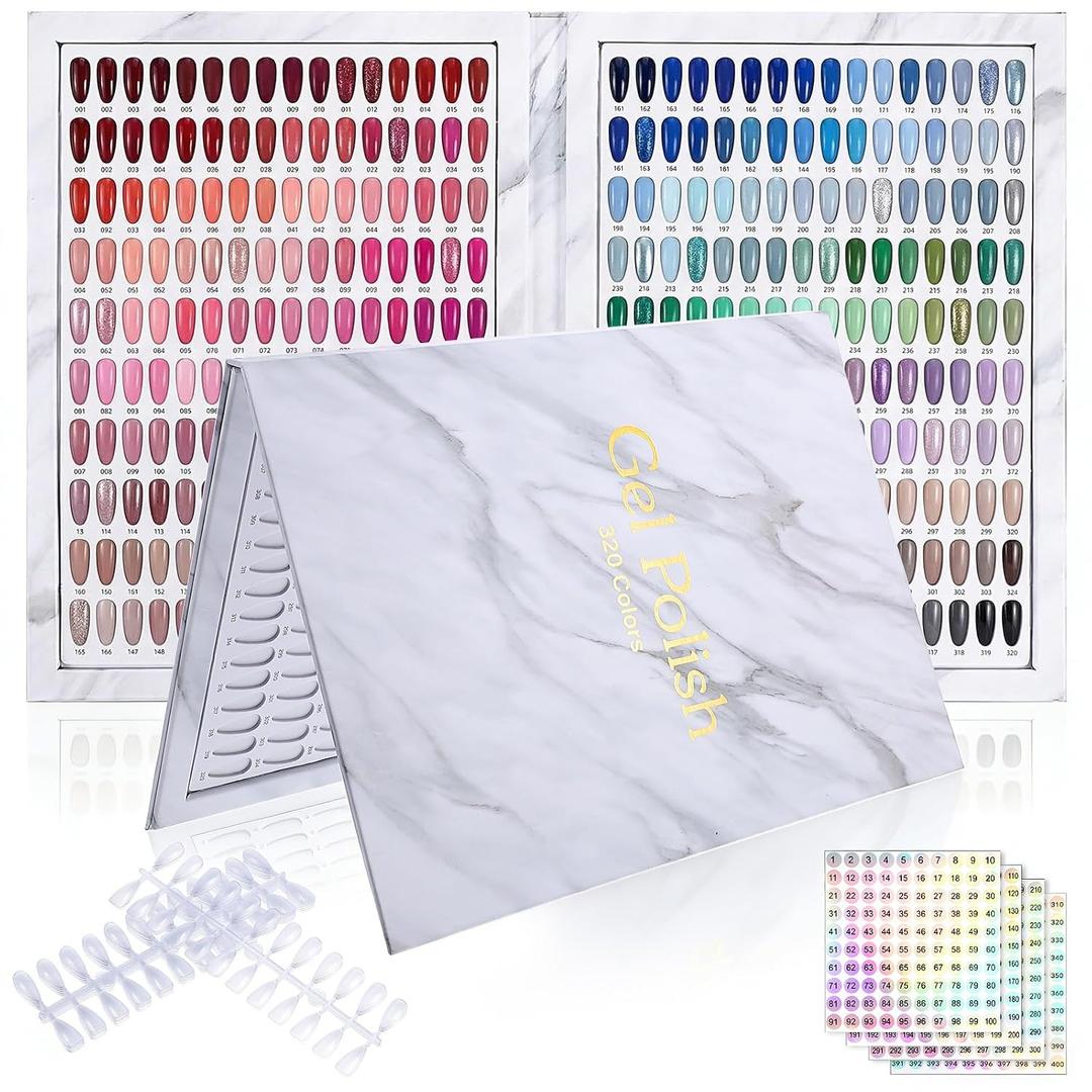 Professional 320 Nail Color Book with 480 False Tips & 1-400 Number Labels, UV Gel Polish Swatch Display Organizer for Salon Art Design