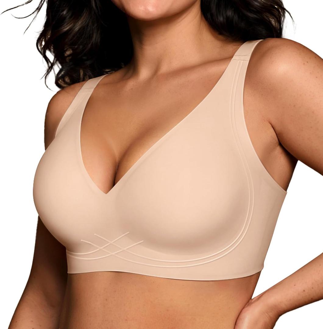 OEAK Womens Comfortable Jelly Bras Deep V Bra No Underwire Seamless Full Coverage Bralettes Raceback Tshirt Supportive Bras (XX-Large, Nude)