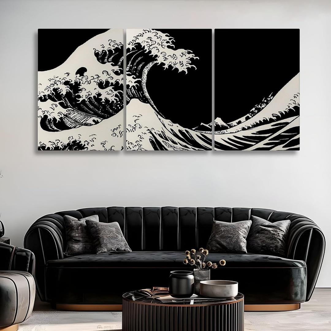 Tawinone The Great Wave off Kanagawa Canvas Wall Art, Hokusai Canvas Wall Art, Japanese Waves Wall Decor, Black And White Waves Wall Decor for Living Room, Bedroom, Office (16" x 24" x 3 pcs)