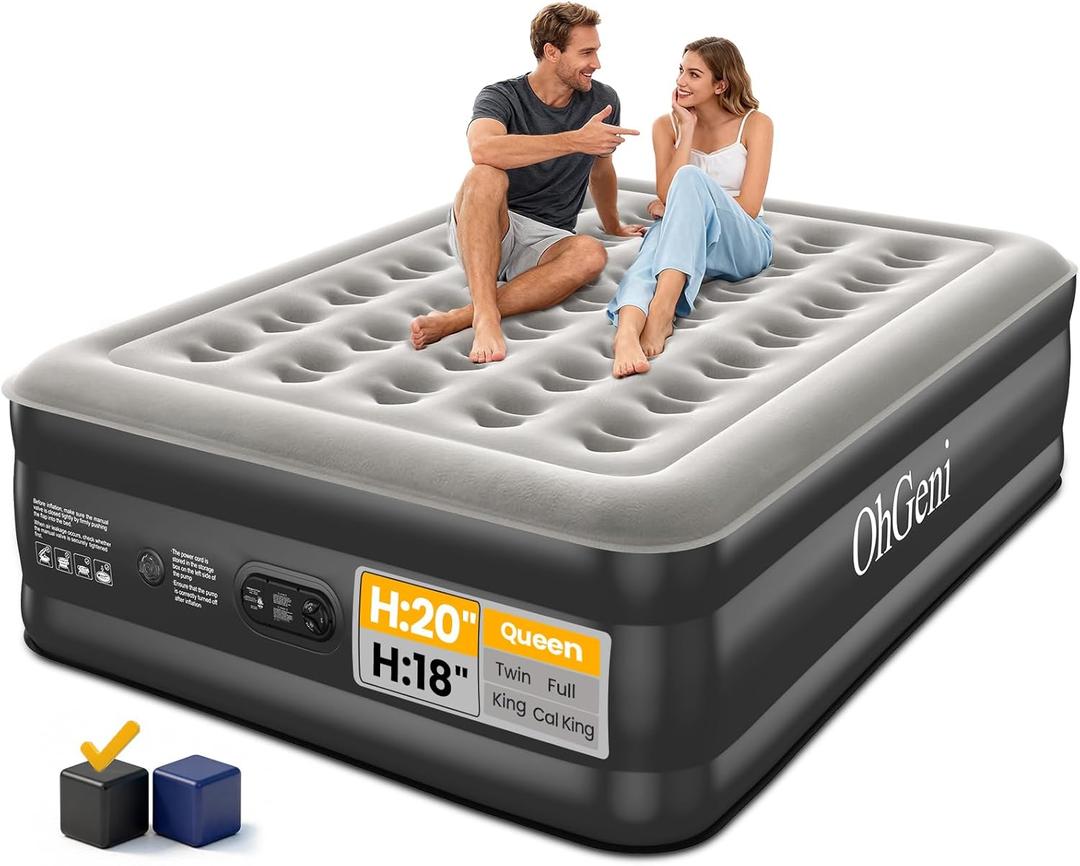 OhGeni 20" Queen Air Mattress (1-Pack) with Built in Pump, Inflatable Blow Up Bed, Upgraded Air Column Support for Enhanced Stability, Raised Height for Easy Entry & Exit, 650 Lbs Capacity