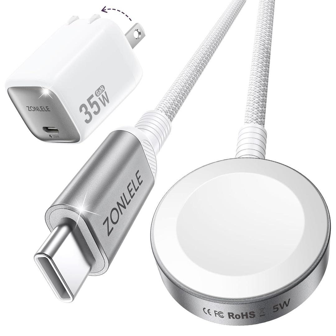 2026 5W Fast Charging for Apple Watch Charger, Upgraded USB C 35W Foldable Charger for iPhone iWatch, Magnetic Braided Charging Cable for Ultra 3/Ultra 2/Series 11/10/9/8/7/SE 2-3.3FT