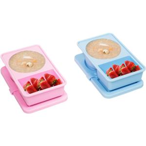 Stuuikf 2-Pack Silicone Snack Containers with Cutlery Strap & Double Compartment, Collapsible Box with Secure-Snap Lids for Travel, Office, Picnic (Blue & Pink)