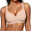 OEAK Women Jelly Bras No Underwire Scalloped Push Up Buttery Soft Tshirt Bra Seamless Full Coverage Convertible Everyday Bra (Beige, L)