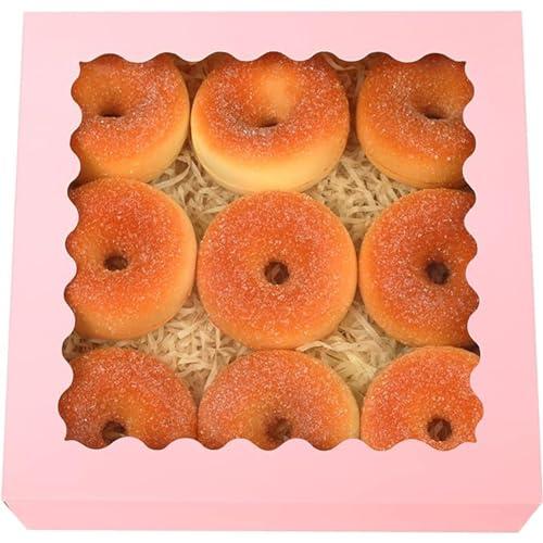 Qiqee Auto-pop Up Pink Pie Boxes with Window 10x10x2.5 inch 11Packs Cookie Donut Bakery Box