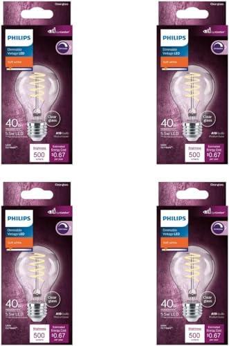 Philips LED 40W A19 4-Pack Vintage Edison Soft White (2700K) 500 Lumen (5.5W = 40W) Dimmable Flicker-Free Light Bulbs