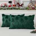 UGASA Christmas Tree Pillow Covers 12x20 Inch Set of 2 Soft Plush Faux Fur Luxury Embroidery Lumbar Cushion Covers for Couch Sofa Holiday Festivals Winter Xmas Gift, Dark Green