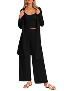PRETTYGARDEN Women's Fall 3 Piece Pajamas Lounge Sets Ribbed Knit Long Cardigan Cropped Tank Tops Wide Leg Pants (Black, Large)