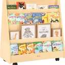 Kids Bookshelf for Toddlers and Babies, Double-Sided Wooden Montessori Bookshelf for Kids Room, Baby Book Shelf with Storage for Nursery, Classroom, Playroom