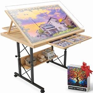 Easyego 2000 Piece Jigsaw Puzzle Table with Legs for Adults, 5-Tilting-Angle & Height Adjustable Table with Drawers and Cover, Wooden Puzzle Board with Extended Support Bar & 4 Wheels Gift for Family