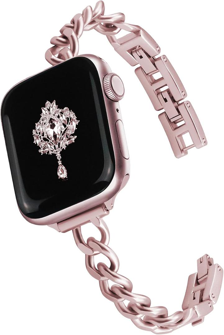 Newlibery Slim Pink Band Women Feminine Elegant Compatible with Apple Watch 42mm(S3/2/1)/44/45/46/49mm Adjustable Metal Strap Dressy Chain Bracelet for iWatch Series 11/10/9/8/7/6/5/4/SE/Ultra 3/2/1
