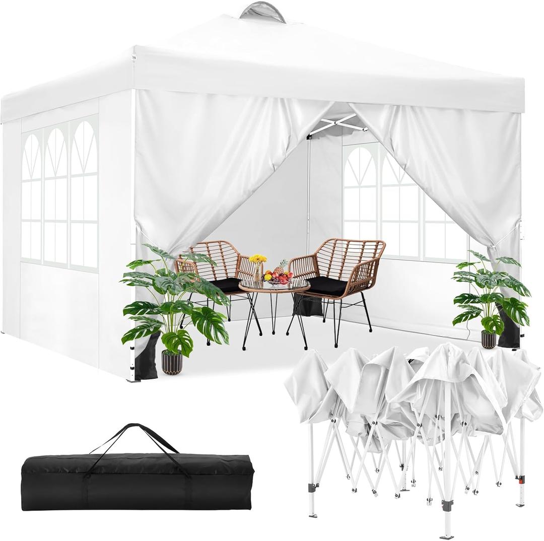 COBIZI Canopy Tent 10x10 Pop Up Outdoor Canopies with 4 Sidewalls Waterproof Commercial Instant Gazebo Tents for Party Patio Backyard with 4 Sandbags, 4 Stakes & 8 Ropes, White