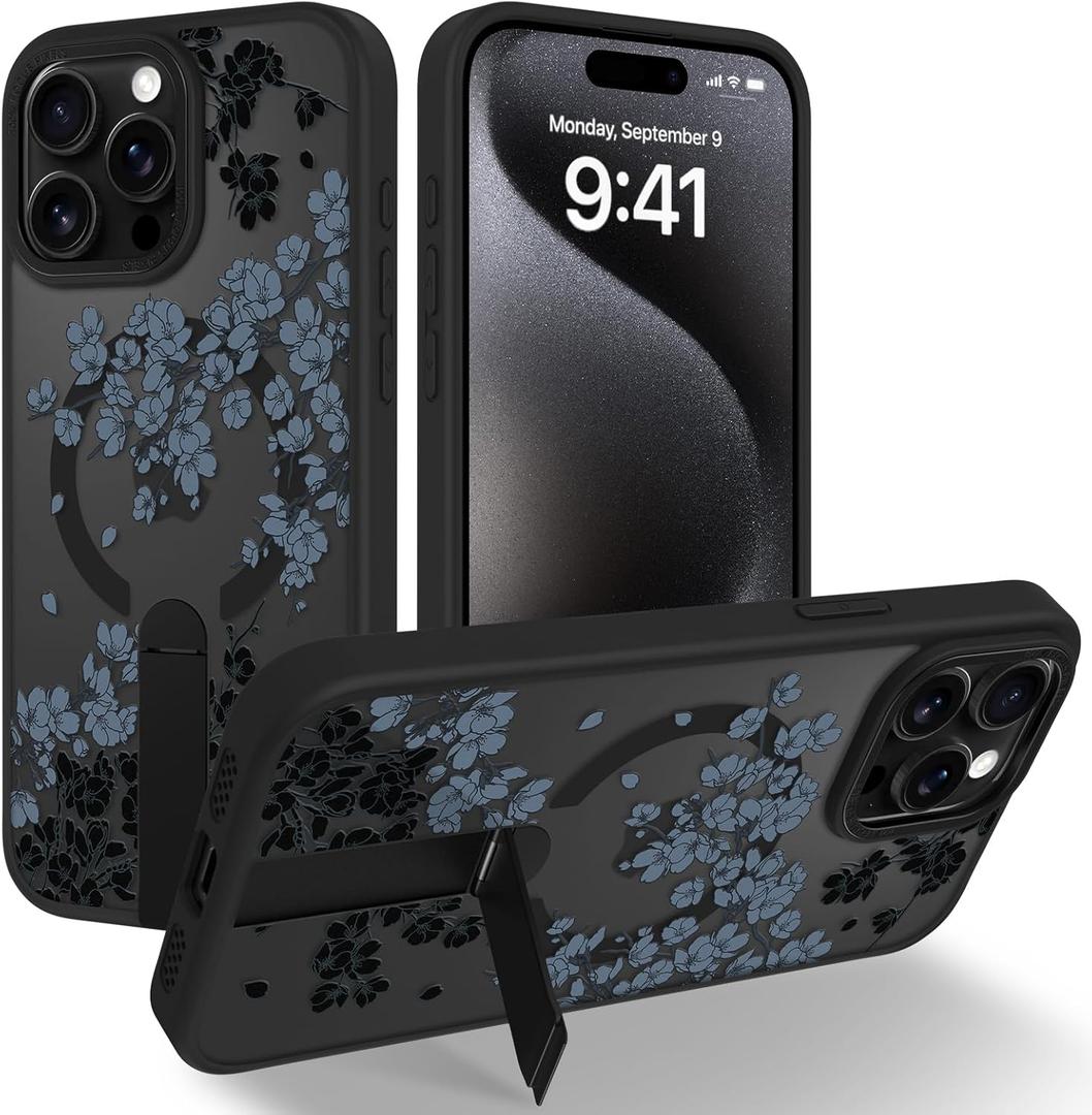 OOK Case Fit for iPhone 15 Pro Max 6.7 Inch (Compatible with MagSafe) Gray Floral Flowers Soft TPU and Hard PC Phone Cover with Kickstand Anti-Scratch Shockproof Protection Magnetic Case for Women
