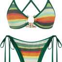 ZAFUL Women's Sexy Cutout Bikini Set High Cut Textured Metal Ring Cheeky Swimsuit Two Piece Bathing Suit (Medium, Green-0508)