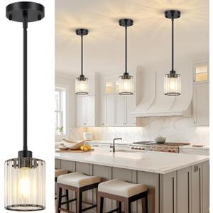 3 Pack Pendant Lights Kitchen Island, Matte Black Kitchen Pendant Lighting Over Table with Adjustable Rods, Modern Mini Crystal Hanging Pendant Light Fixtures for Dining Room Entryway Bedroom
